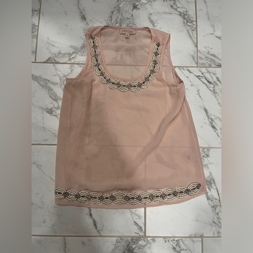 Philosophy, Republic clothing, sheer light, pink top with beading embellishment.